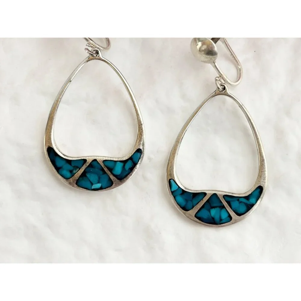 Teardrop Hoop Turquoise Screw Back SW Vintage Sterling Silver 925 Earrings